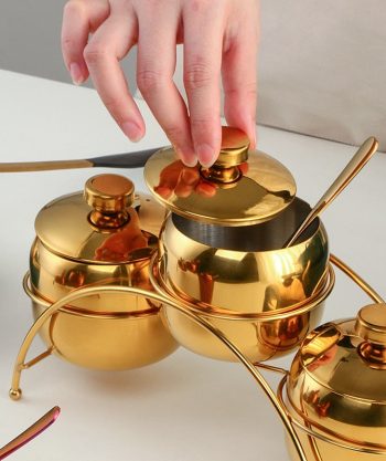 3 Pot Condiment Set with Lid and Holder Rack