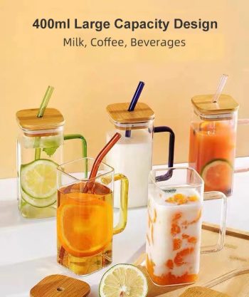 Stylish Square Glass Mug With Lid and Straw